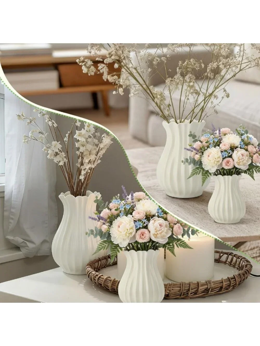 2 Pack Vintage White Pleated Ceramic Vases for Stylish Home Decor & Centerpieces